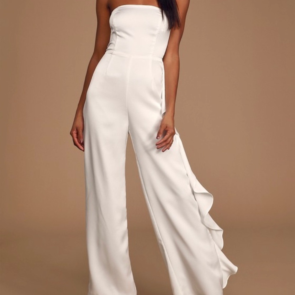 Cascading Love White Strapless Ruffled Jumpsuit